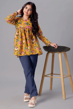 Aarya Designer Printed Cotton Blend Flared Kurta for Girls