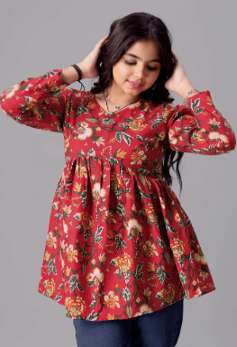 Aarya Designer Printed Cotton Blend Flared Kurta for Girls